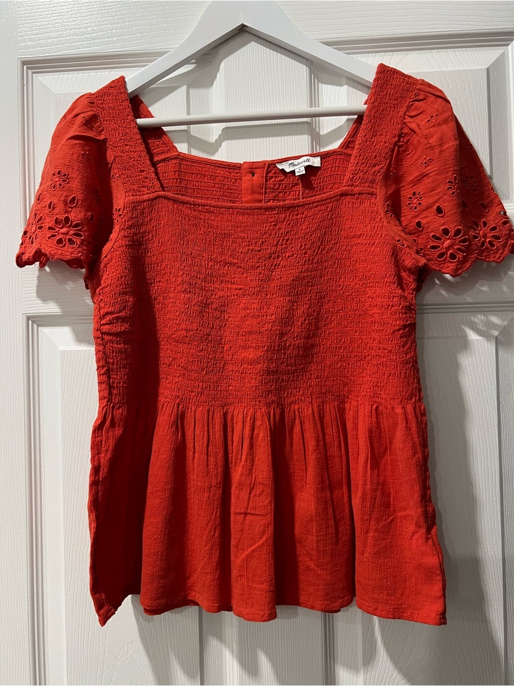 Madewell Burnt Orange Smocked Square-Neck Peplum Top